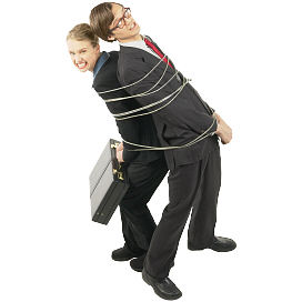 man and women tied together woman straining